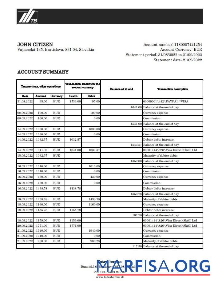 Printable Slovakia Tatra bank statement excel version 2 download for verification